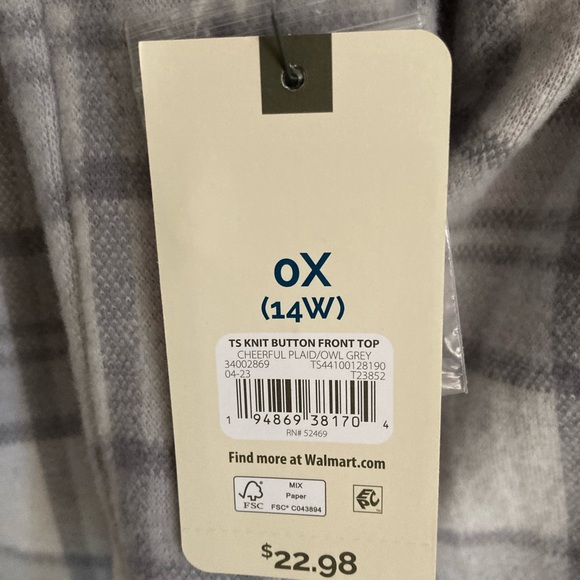 Terra & Sky Womens Sz OX - 14W Long Sleeve Button Up Plaid Shirt Gray New w Tags - Picture 6 of 9